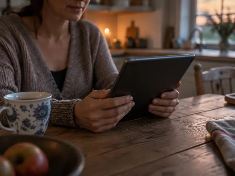 Hände einer Frau halten am Küchentisch ein Tablet, daneben eine Tasse Tee